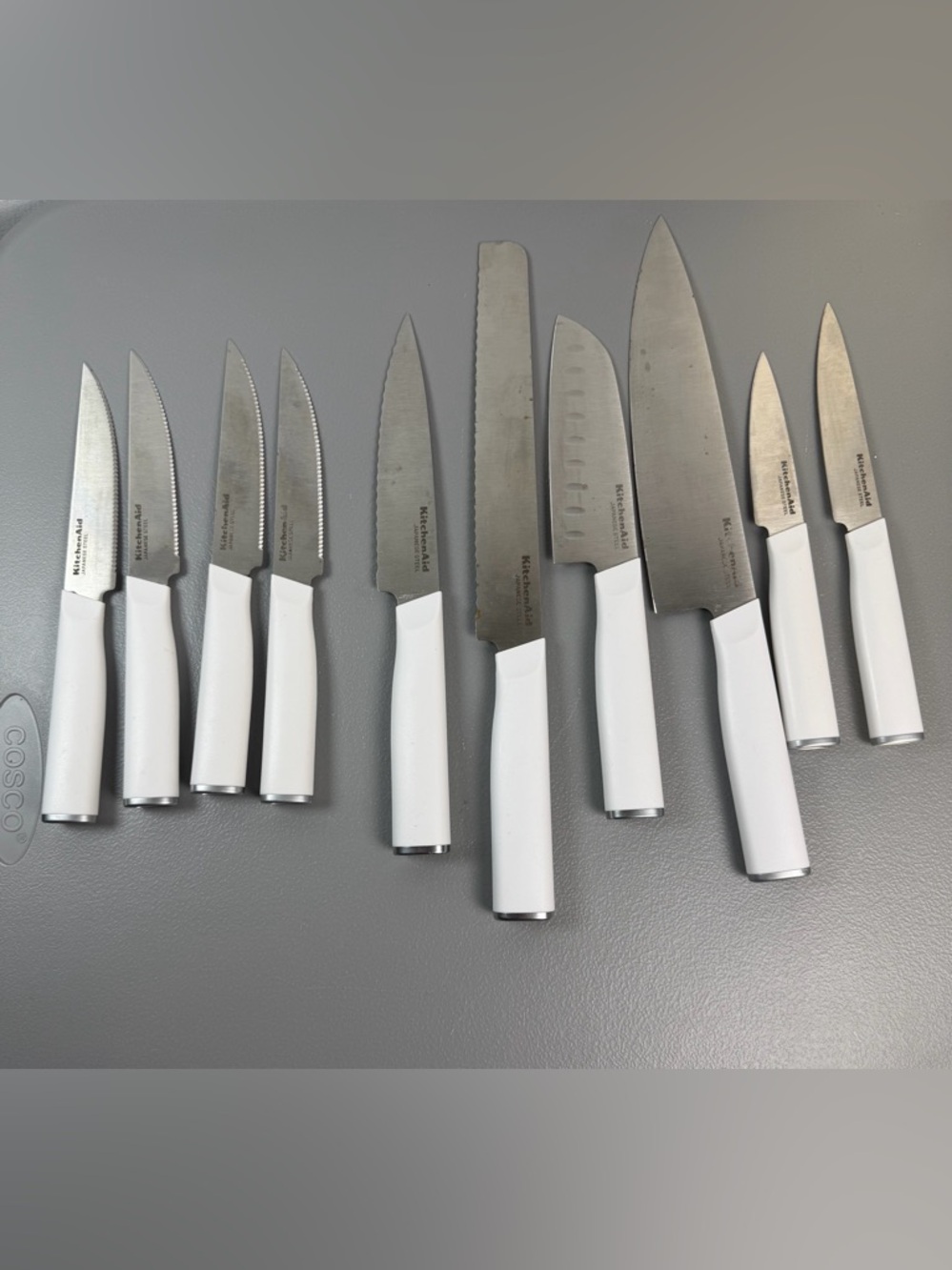 KitchenAid Japanese Steel Knife Set White Handles ,Chef ,Santoku Bread Lot 10